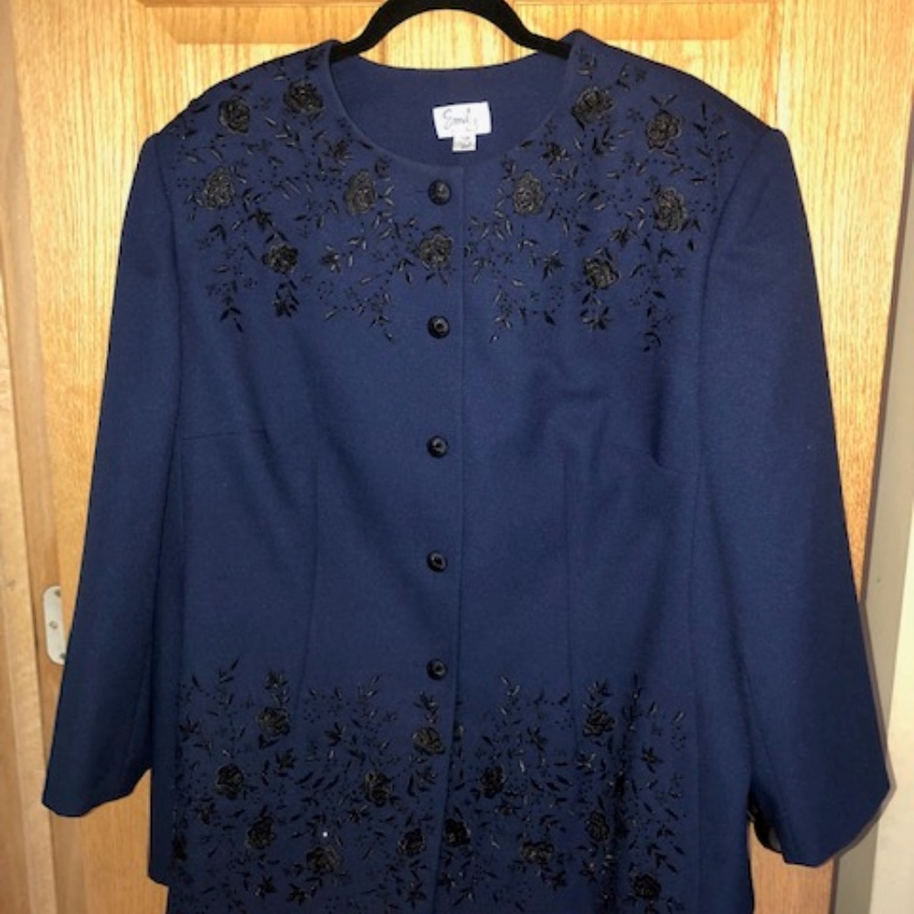 Navy Blue & Black Embroidered Blazer & Skirt Set